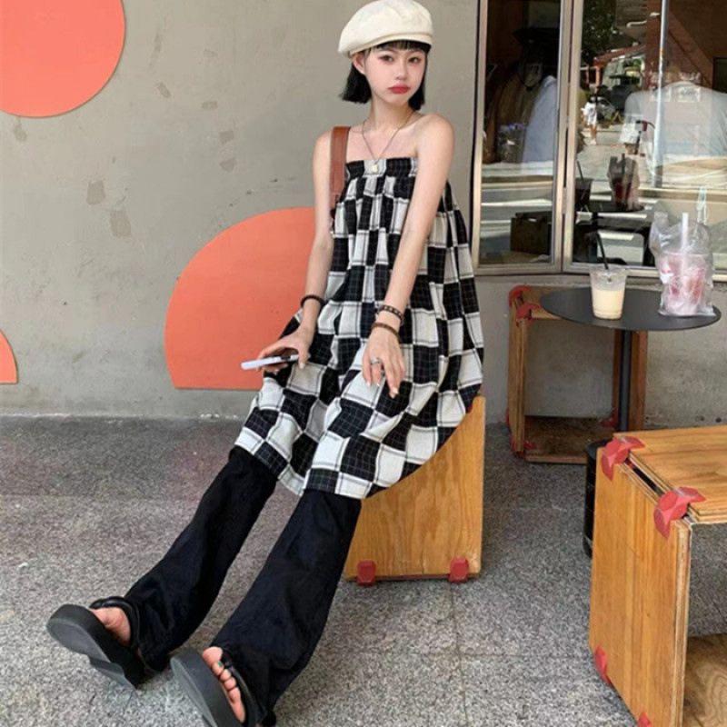 

Милое клетчатое платье-юбка два в одном - Женский преппи летний ретро стиль без бретелек, стройнящий Medium чёрный