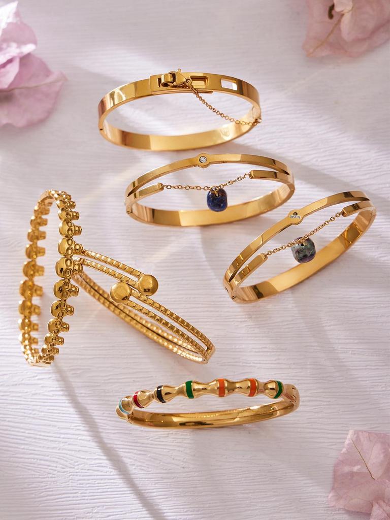 Modern Chinese Style Stone Pendant Gold-Plated Stainless Steel Geometric Bracelet