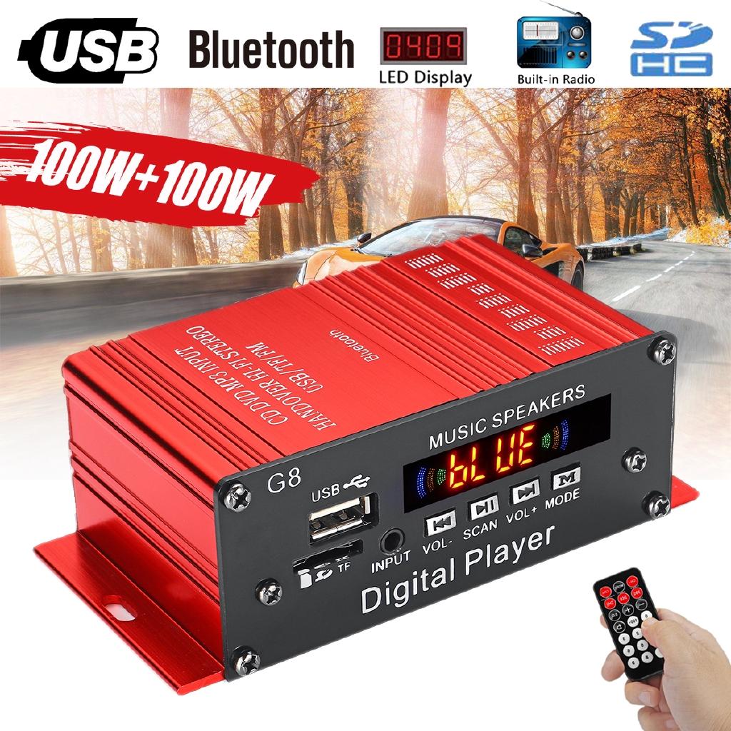 2CH 100W+100W DC 12V HIFI Audio Power Amplifier bluetooth Stereo FM Radio USB Remote Control Red Car Audio Amplificador