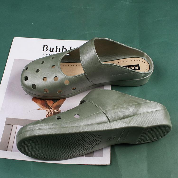 Heli Shark's New Fashion Bag Head Hollow Hole Shoes Flat Women's Spring and Summer Home Wear Casual Half Slippers