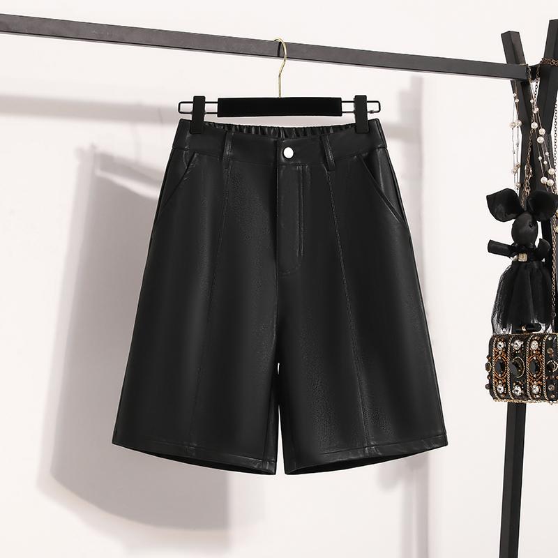 

DIMANAF Plus Size 2025 Women Shorts Pants Loose Basic Casual Short Pants Elastic Waist PU Fashion Lady 4XL чёрный