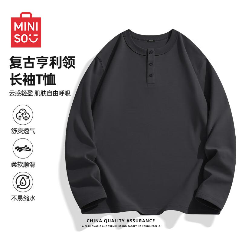 MINISO Men's American Retro Henley Long Sleeve Tee