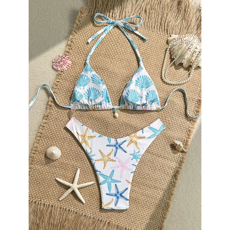 New Sexy Lace Up Neck Starfish Print Set Swimsuit Bikini Low Waist Bikinis Swimwear Beach Swimsuit Swimwear
