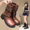 Women English Style Fashion Motorcycle Boots Zipper Mid Calf Boots Round Head Thick Bottom Casual Women's Knight Booties D183