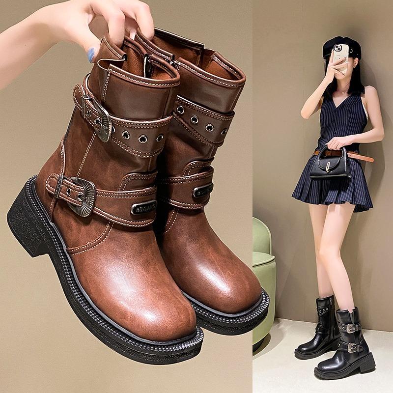 Women English Style Fashion Motorcycle Boots Zipper Mid Calf Boots Round Head Thick Bottom Casual Women's Knight Booties D183