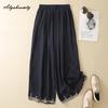 Plus Size Korean Style Summer Women Cotton Pants Elastic Waist Beige Navy Embroidery Trousers Vintage Classical Straight Ladies' Pants