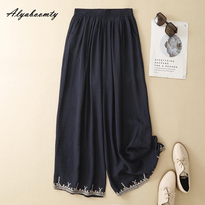 Plus Size Korean Style Summer Women Cotton Pants Elastic Waist Beige Navy Embroidery Trousers Vintage Classical Straight Ladies' Pants