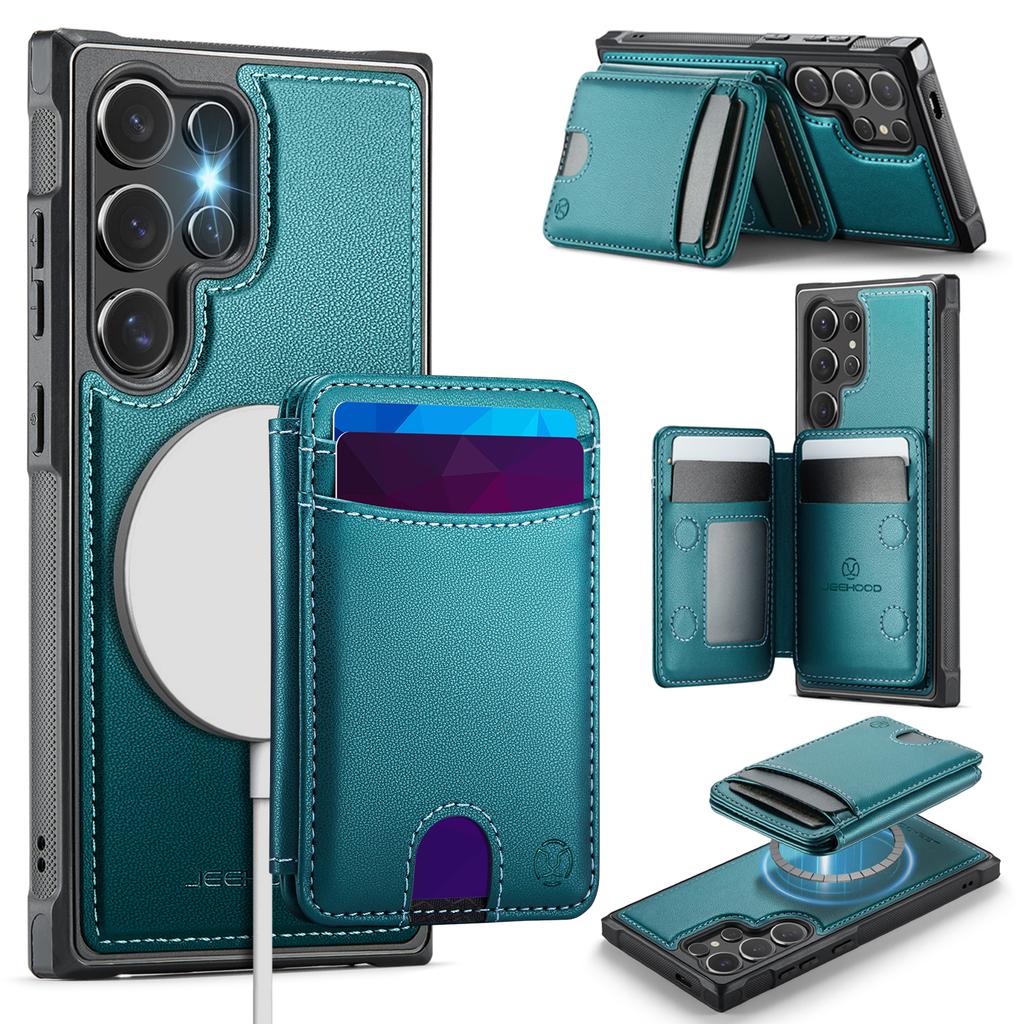 For Samsung Galaxy S26 Ultra Magnetic Case JEEHOOD J10 Leather Back Phone Cover with Detachable Card Holder Kickstand
