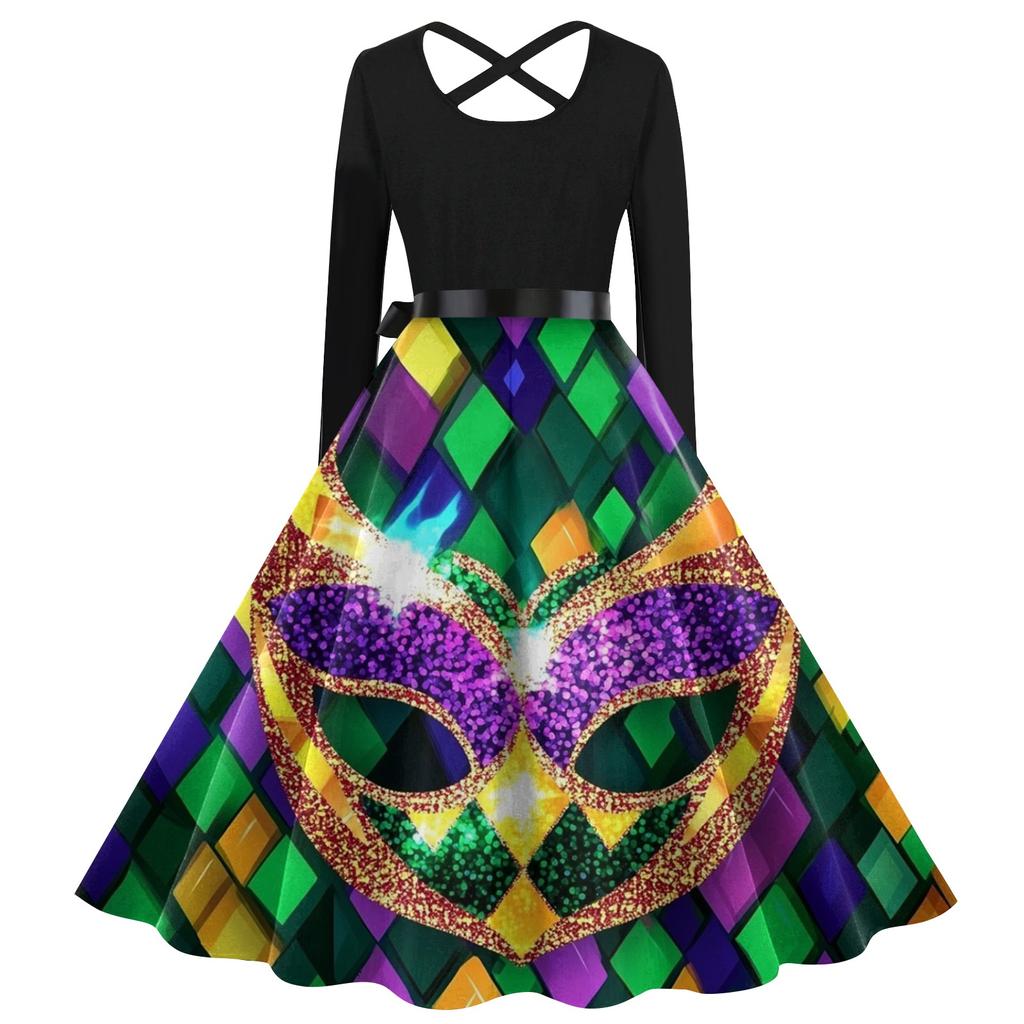 Women's Casual Print O-neck Pullover High Waist Long Sleeve Dress