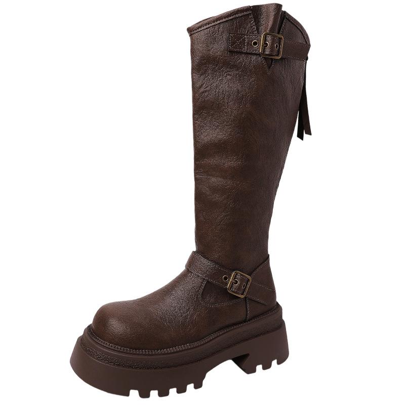 2025 autumn British style leather boots platform belt buckle knight boots women's fashion retro versatile but knee fashion boots
