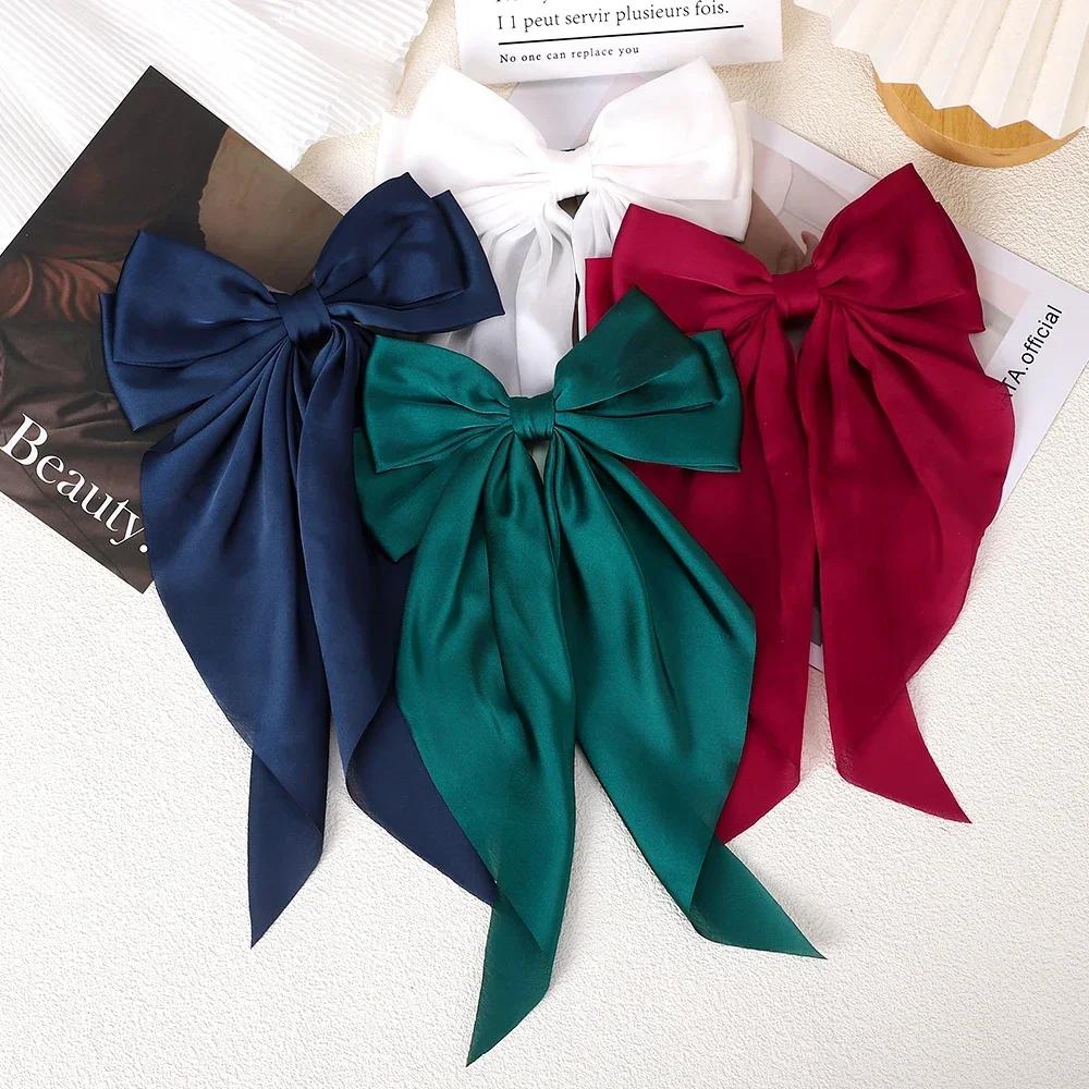 3Styles Girls Long Big Bow Float Satin Clips Back Head Hair Clip Wine Red with The Same Temperament Elegant Hair Accessories