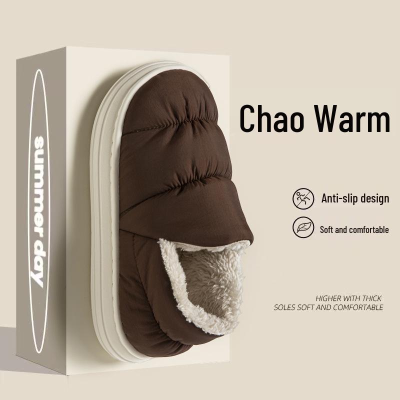 Men's and Women's Winter Waterproof Cotton Slippers - Silent, Plush, Warm, Thick Sole, Closed Heel, Deodorant Down Cloth