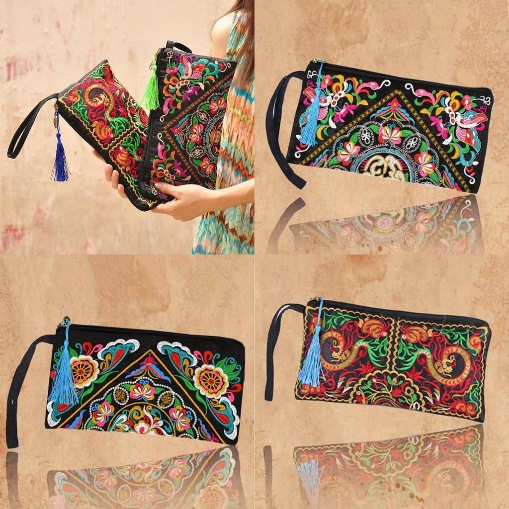 Ethnic Embroidered Long Wallet With Tassel Polyester Fabric Retro Style