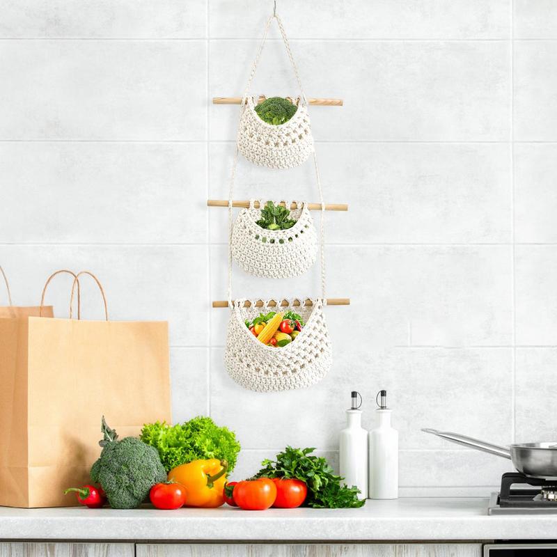 3 Tier Fruit Hanging Basket Bohemian Decor For Home Kitchen Woven Vegetable and Fruit Net Bag Multi-functional Storage Net Bag