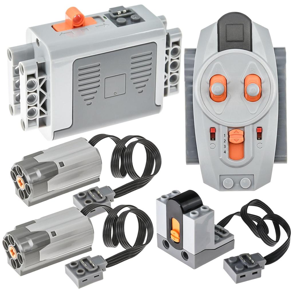 LEGO Technic Motor Power Function 5-in-1 Kit: Medium Motor (8883), AA Battery Box (8881), Remote Control (8885), IR Receiver (8884), and more.