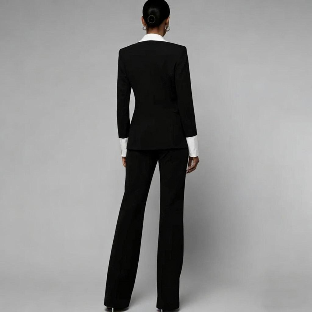 Women's Black and White Contrast Trim Suit Set with Flared Pants Double Breasted Fashion Formal Party Evening Outfit Two Piece