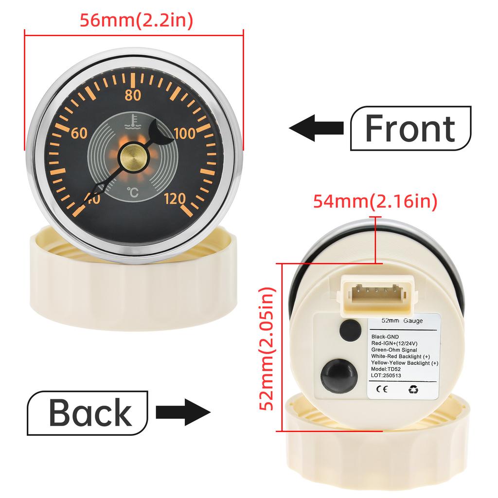 ZMFJH Retro Pointer 52MM Water Temperature Gauge with Sensor 301-23ohm Red Yellow LED 40-120℃ Water Temp Meter Auto Car Boat