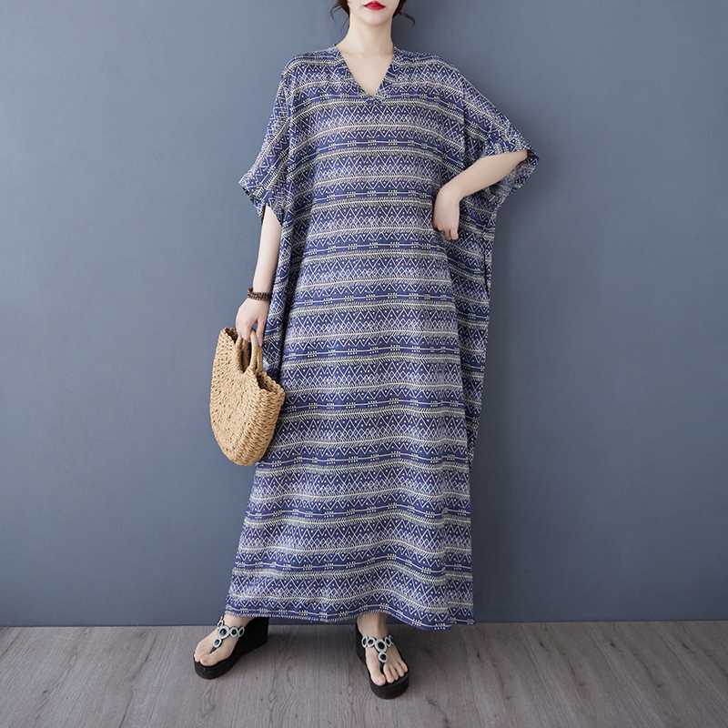 Summer Color Vacation Style Tourism V-neck Retro Long Skirt Cotton Linen Dress