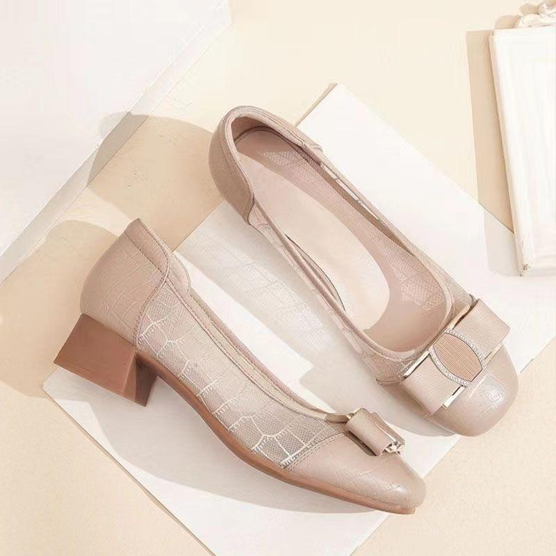Woman Pumps Leather Casual with Medium Heels Shoes for Women Bow Square Toe Elegant Dress Young Popular Chic Point Footwear 39