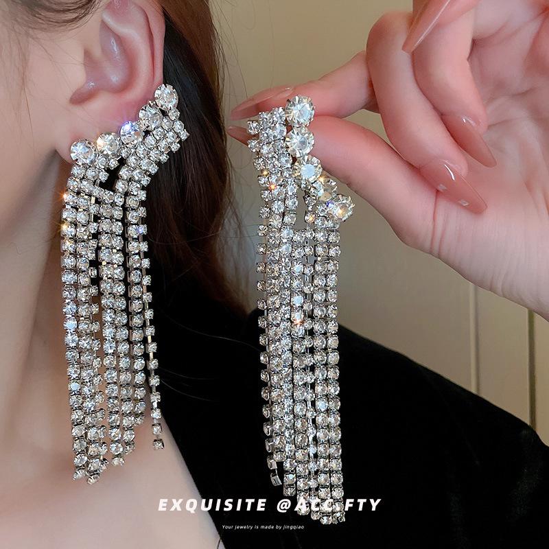 Exaggerated Diamond Tassel Silver Earrings - European & American Luxury High-End Fashion for Women