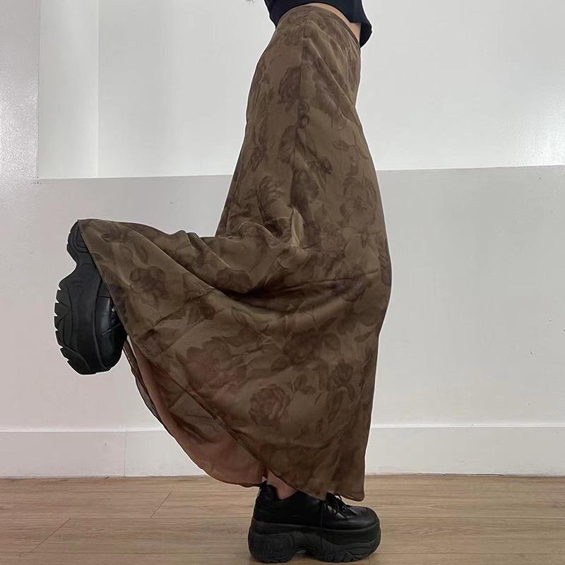 Dámská retro elegantní sukně s malým květinovým potiskem, větruodolná síťovina a dlouhým rukávem