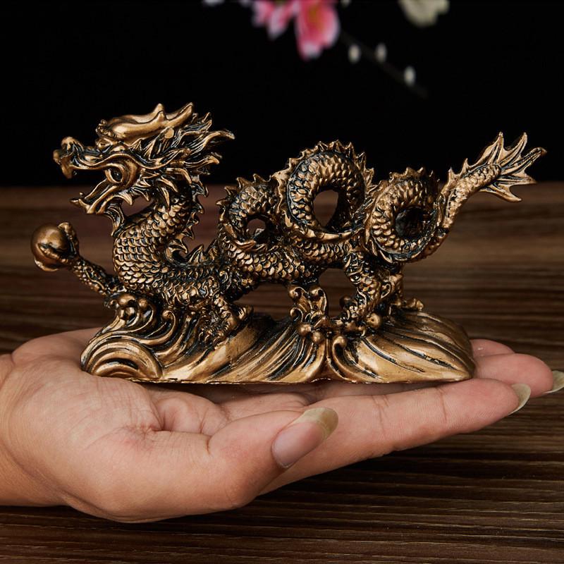 Chinese Geomancy Gold Dragon Staty Staty Ornament för tur och framgång