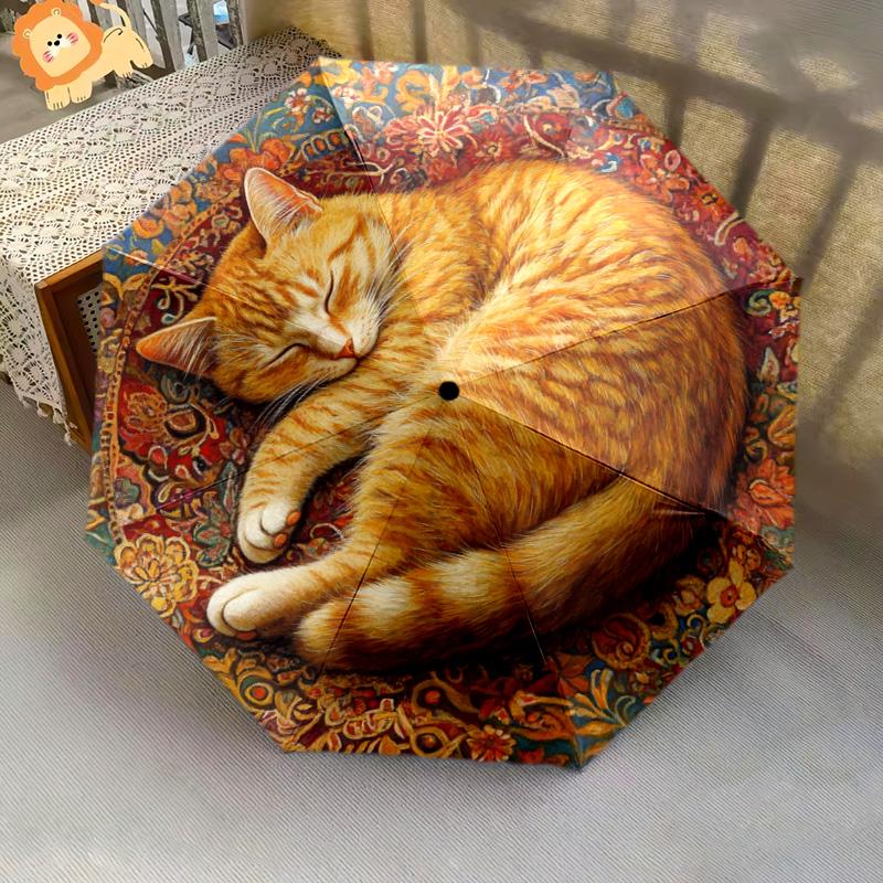 1 PC Automatic Folding Umbrella - Sleeping Orange Cat Pattern, Portable & Foldable Design with 8 Ribs, Christmas Birthday Gifts