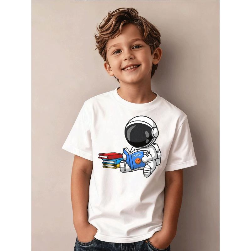 Boys Astronaut Mars Book Stack Print Black Crewneck Casual T-Shirt 110 белый