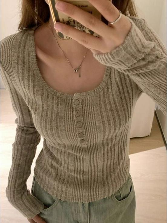 Women's Korean Style Slim-Fit Ribbed T-Shirt: Spicy Girl Half-Open Collar, Long-Sleeved, Autumn/Winter