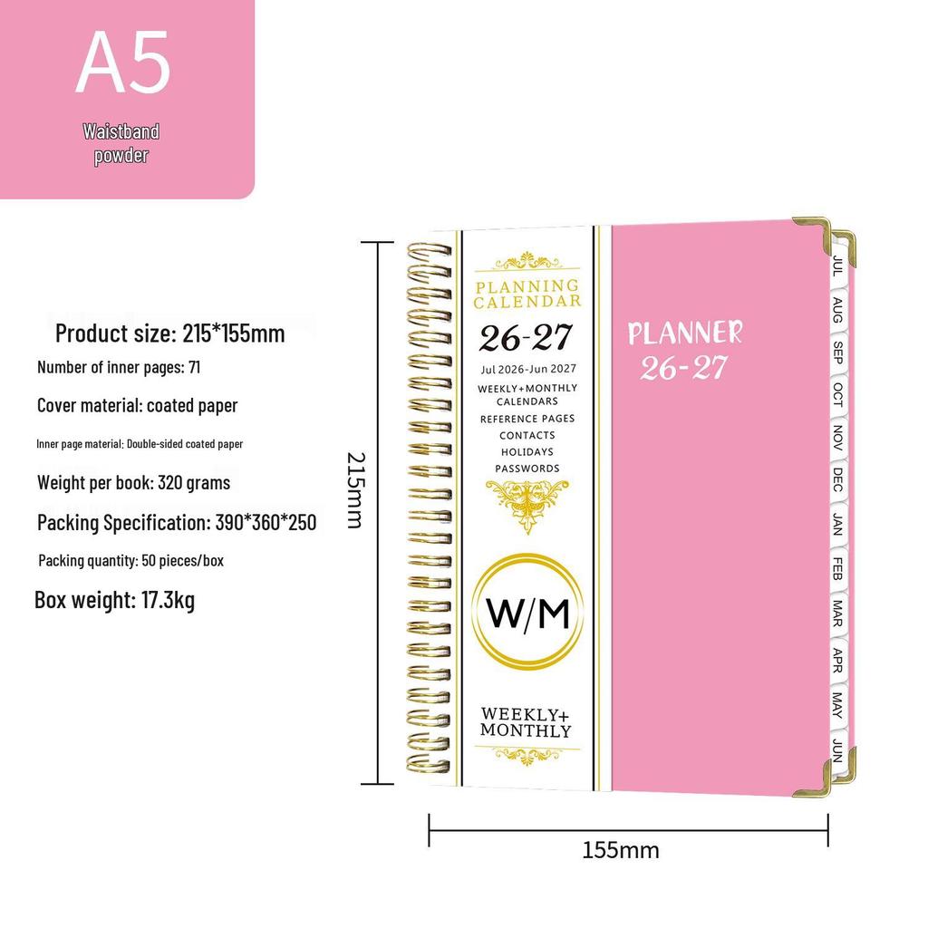 In Stock A5 Cross-border English Notebook 2026-27 Daily Planner with Customizable Coil Binding