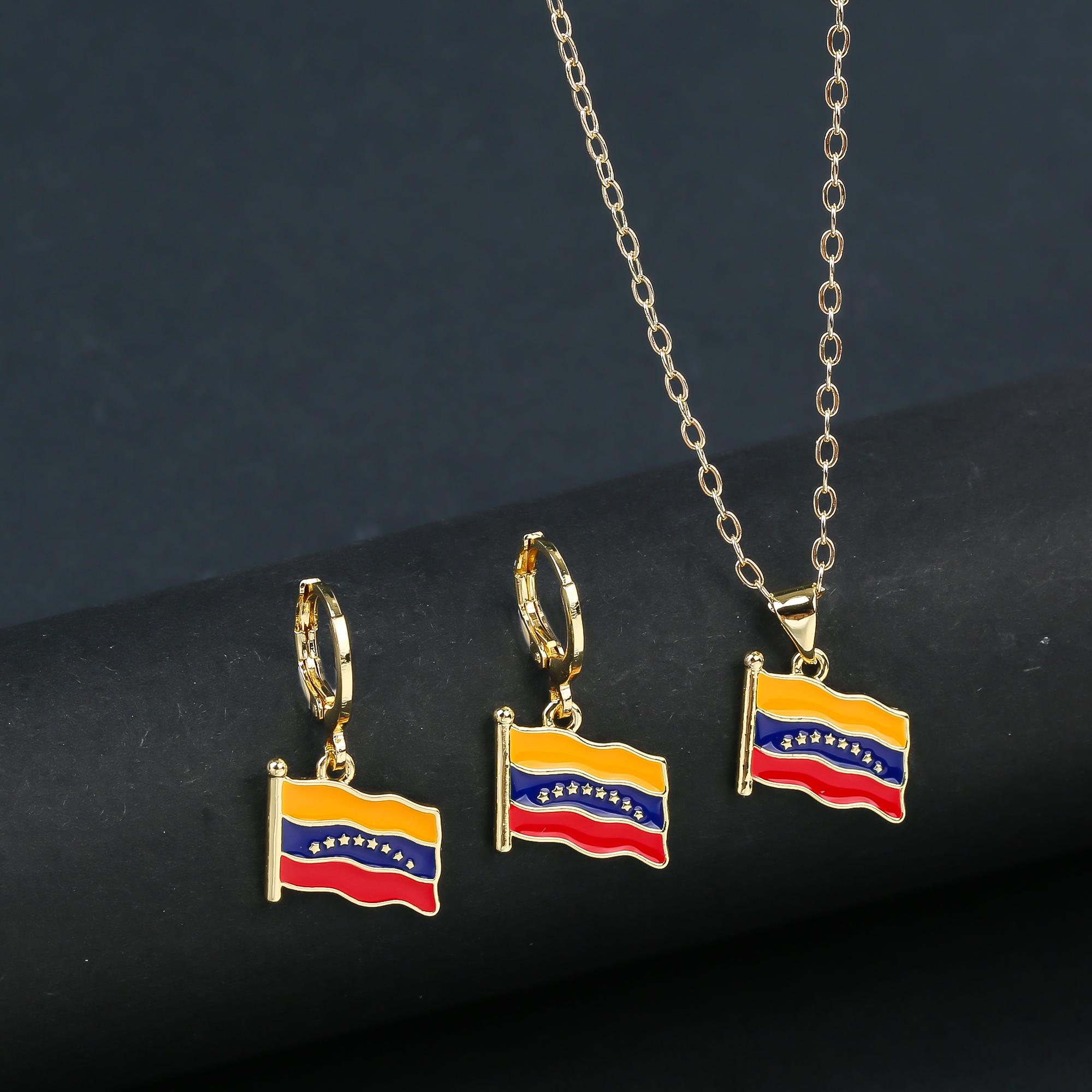 Enamel Art Venezuela National Flag Necklace Earrings Zircon Set Dainty Parrot Guitar VZLA Heart Gold Plated Zircon for Women