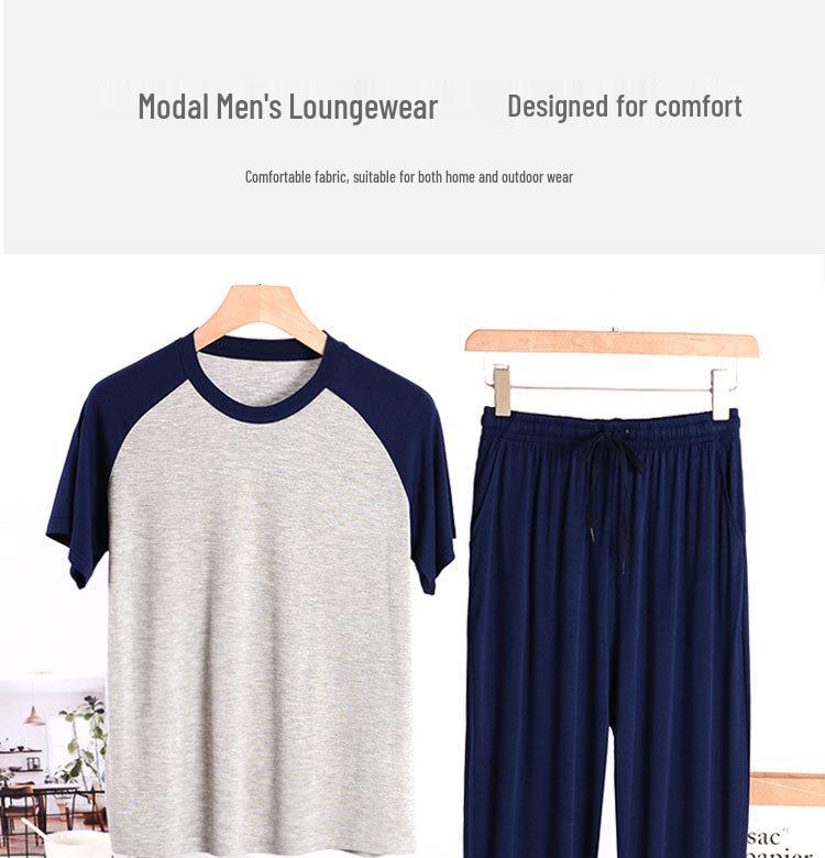 Men's Ice Silk Modal Pajama Set, Short Sleeve & Long Pants, Plus Size, Spring/Summer Casual Home Wear