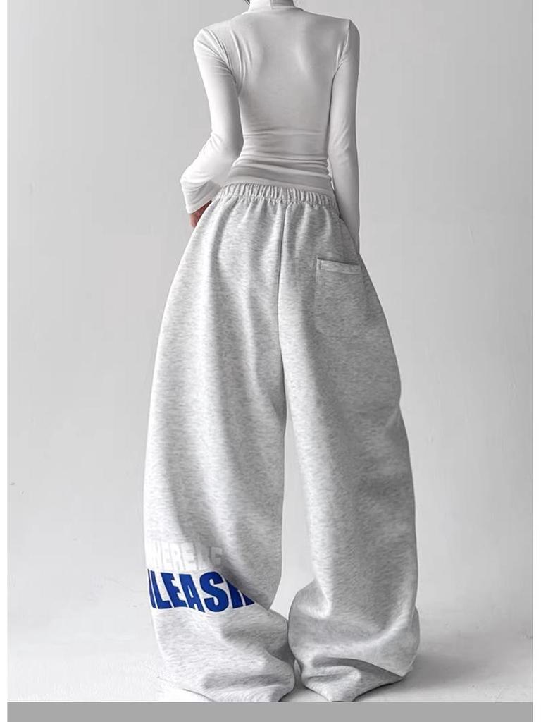 Unisex Wide-Leg Elastic Waist Drawstring Sweatpants with Print - Casual Loose Fit for Spring & Autumn