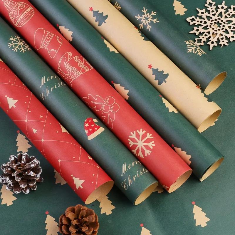 1/10rolls Christmas Kraft Wrapping Paper Red Green DIY Xmas Tree Santa Claus Snowflake Patterns Gifts Craft Packaging Party Home