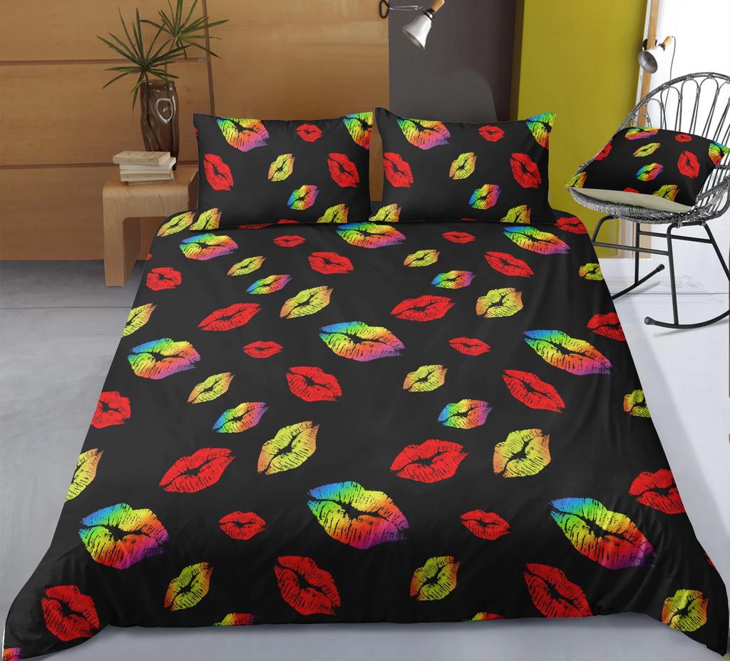 Reactive Printing Sexy Red Lips Duvet Cover Sets Cotton Pure White Background Bedding Set Single Double Bed Set Cover DropShip D