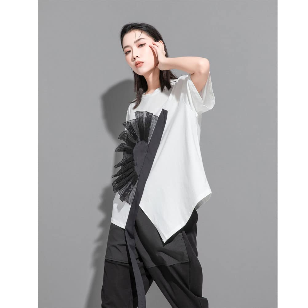 3D Floral Short Asymmetrical Floral Loose One Size Fits White with Black X-CHEN T-Shirt, Women's, Sleeve, Design, Fit, Stylish, Stylish, Spring/Summer