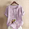 Women's New Fashion Linen Shirt Round Neck Short Sleeve Hazelnut Printed T-shirt Summer Ladies Casual Plus Size Blouse Tops