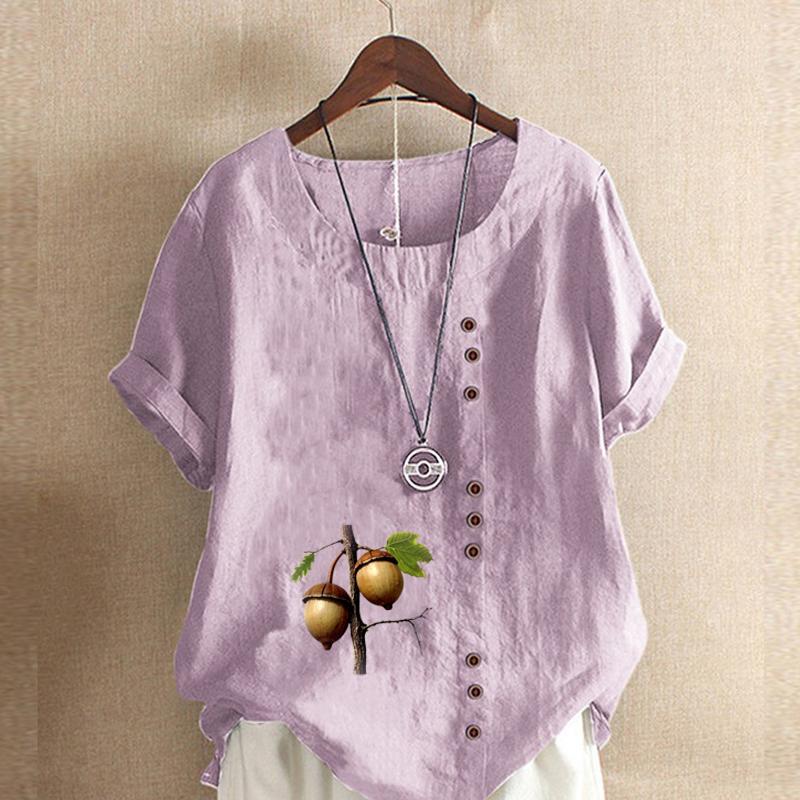 Women's New Fashion Linen Shirt Round Neck Short Sleeve Hazelnut Printed T-shirt Summer Ladies Casual Plus Size Blouse Tops
