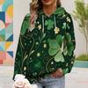 Women Plus Size Long Sleeve Dark Green Clover Printed Drawstring Hoodie Kangaroo Pocket Pullover