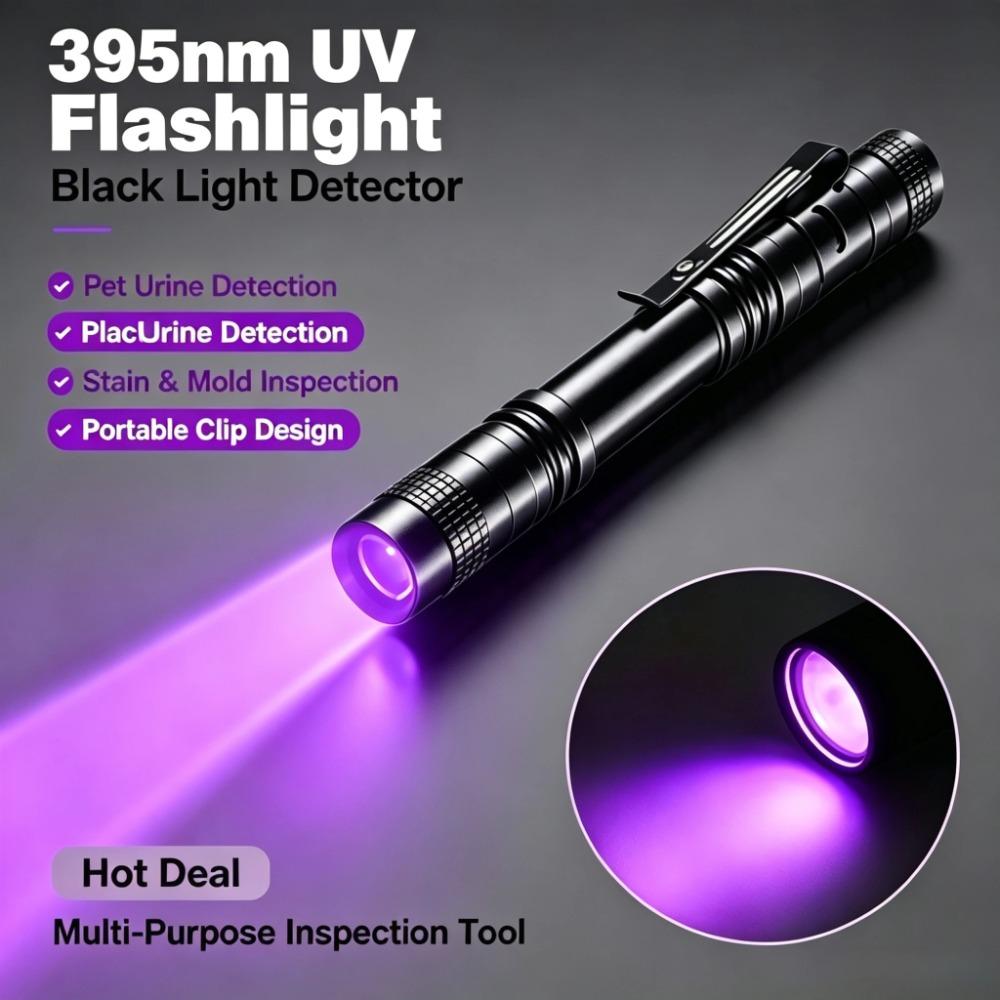 395nm Portable Clip-on Mini Ultraviolet Torch,Aluminum Alloy Blacklight for Pet UrineStains Indoor Outdoor Inspection Tool