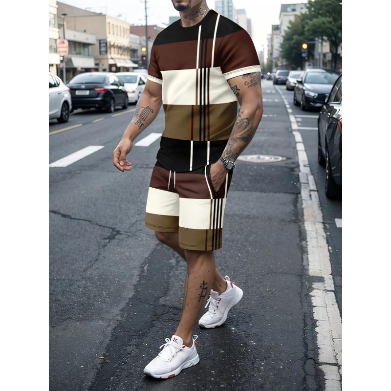 

Men S Two-Piece Outfit Featuring a Heart Print, Consisting of a Short-Sleeve T-Shirt And Shorts, Perfect for Summer Casual Wear S