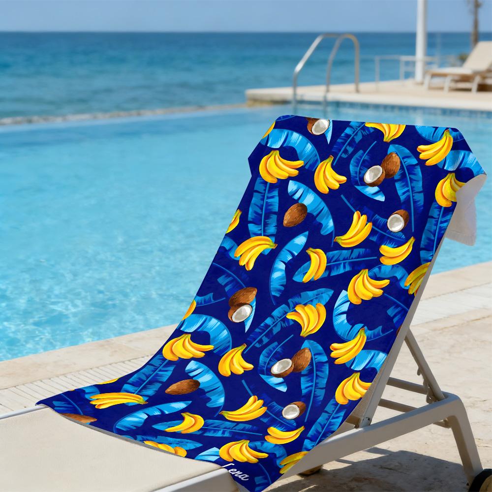 Tropical Banana & Coconut Beach Towel – Oversized Quick Dry Sand Free with Blue Palm Leaf Print for Summer
