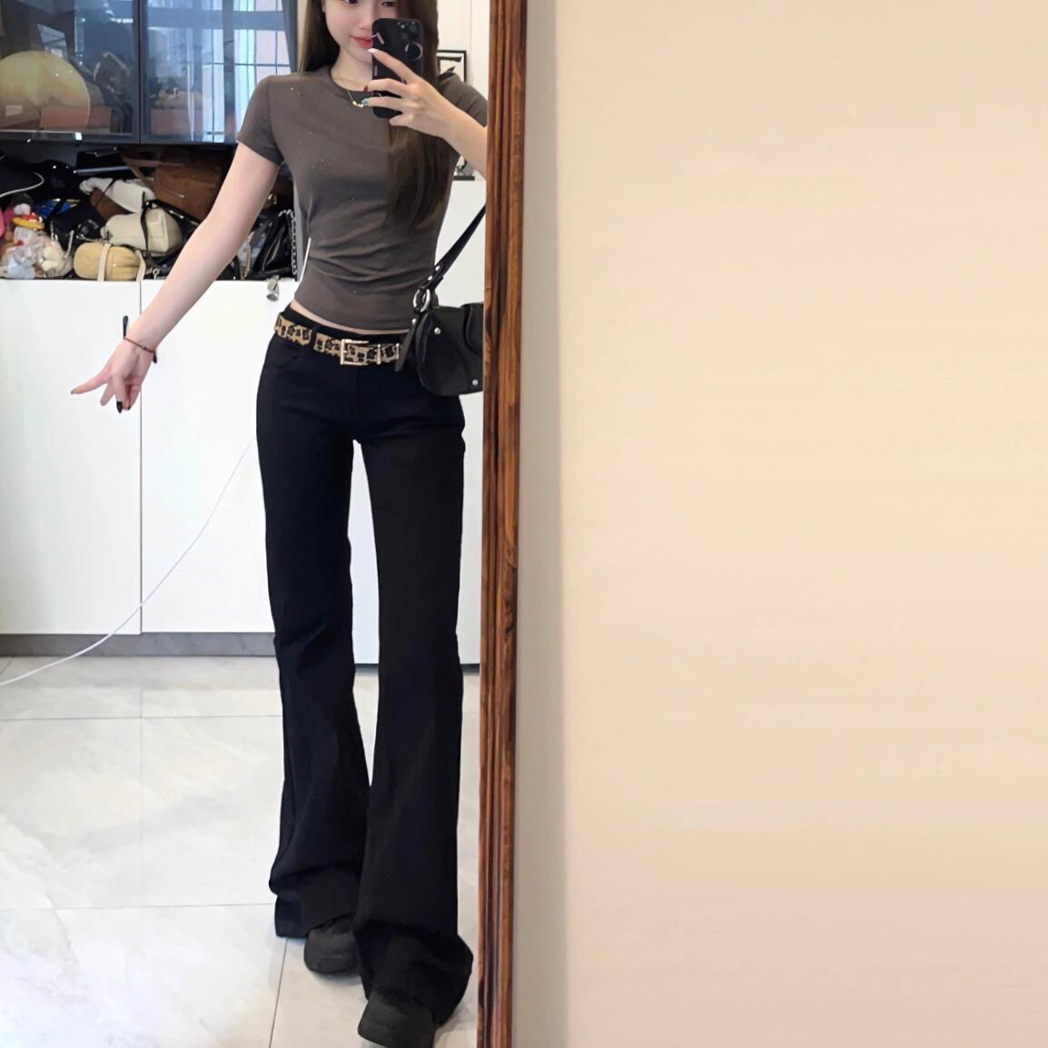 

High Elastic Low Waist Black Flare Jeans for Women - Retro Slimming Long Pants XL