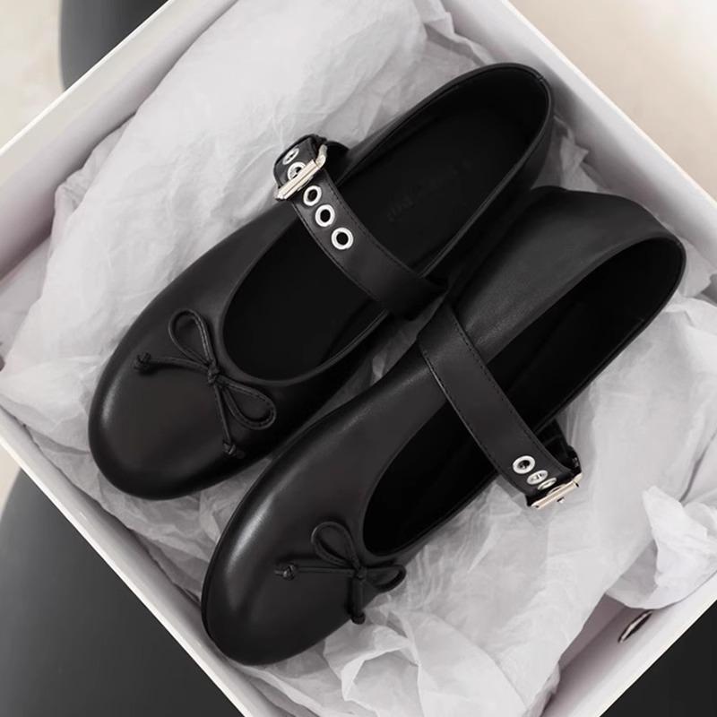 

Женские балетки Мэри Джейн 2025 Лето Новые Кожаные С бантом С низким вырезом Универсальные Туфли на плоской подошве для Элегантных Поездок на работу 34 чёрный