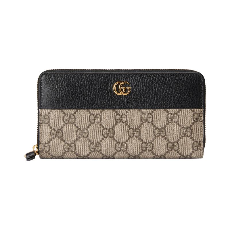 Gucci Marmont Marmont Gold Label Logo Long Zipper Canvas Patch Leather Wallet Wallet Women's Ebony/Black