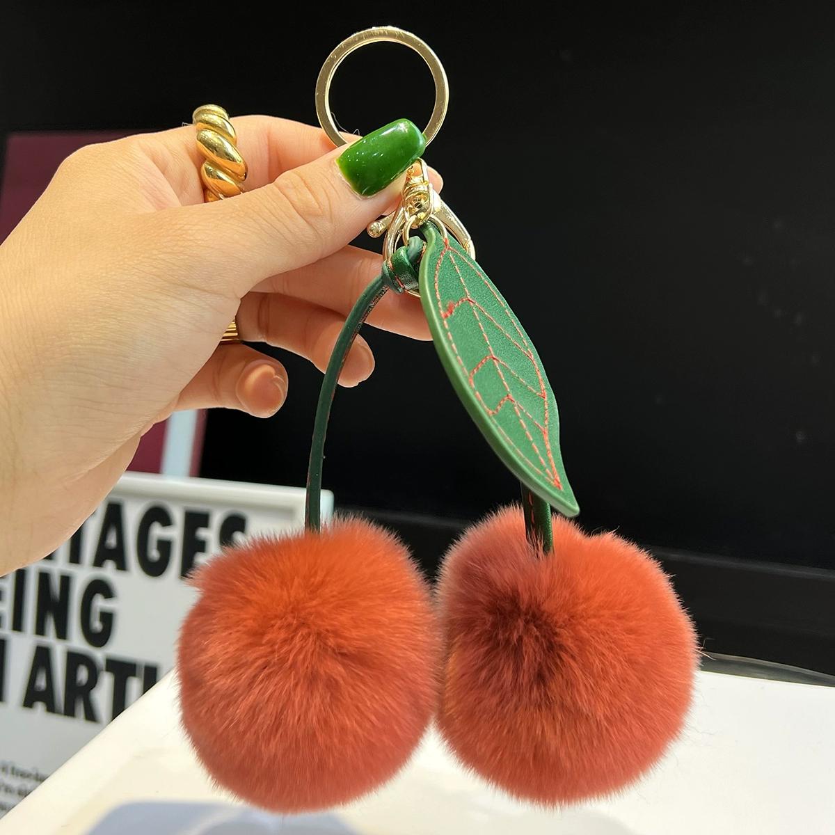 

Real Rex Rabbit Hair Cherry Car Keychain Pendant Internet Celebrities Ins Cute Pompom Bag Pendant Birthday Gift