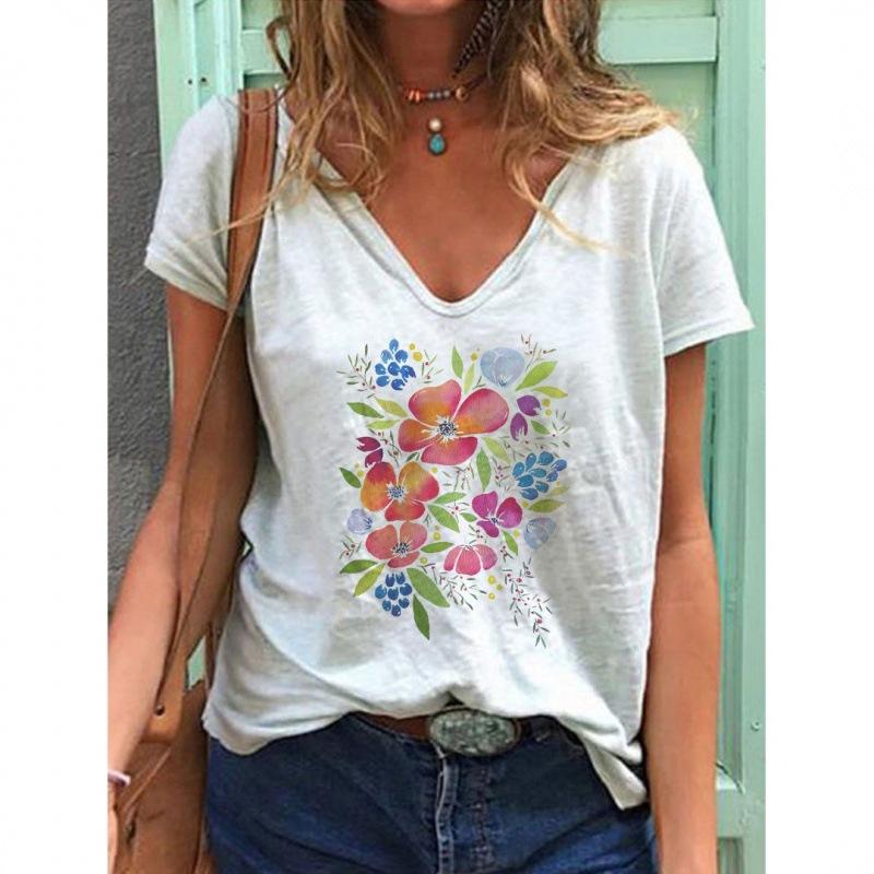 V-neck T Shirts Street 3D Printed Tees Short Sleeved Floral Bird Loose T-shirt for Women