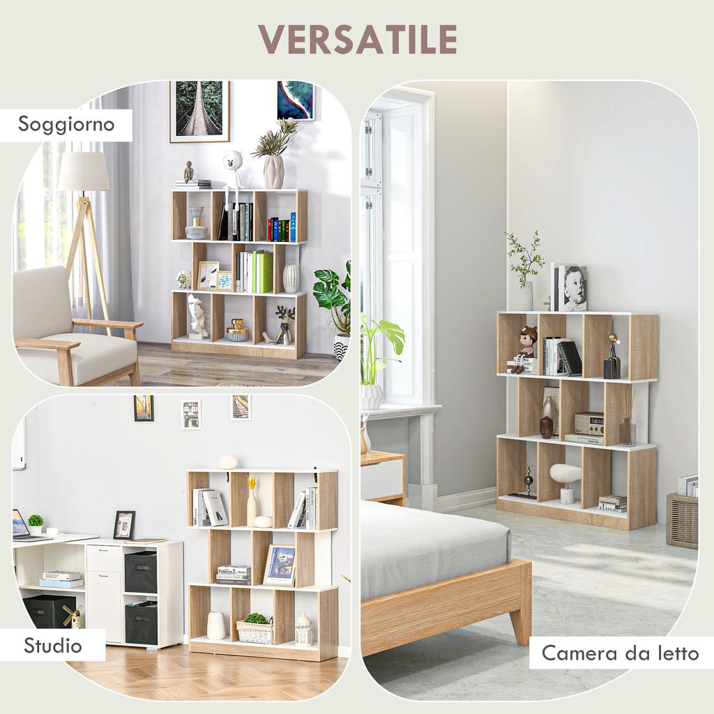 8-Shelf Bookcase Furniture for Living Room and Bedroom, in Wood, 100x27x124 cm, Oak and White
