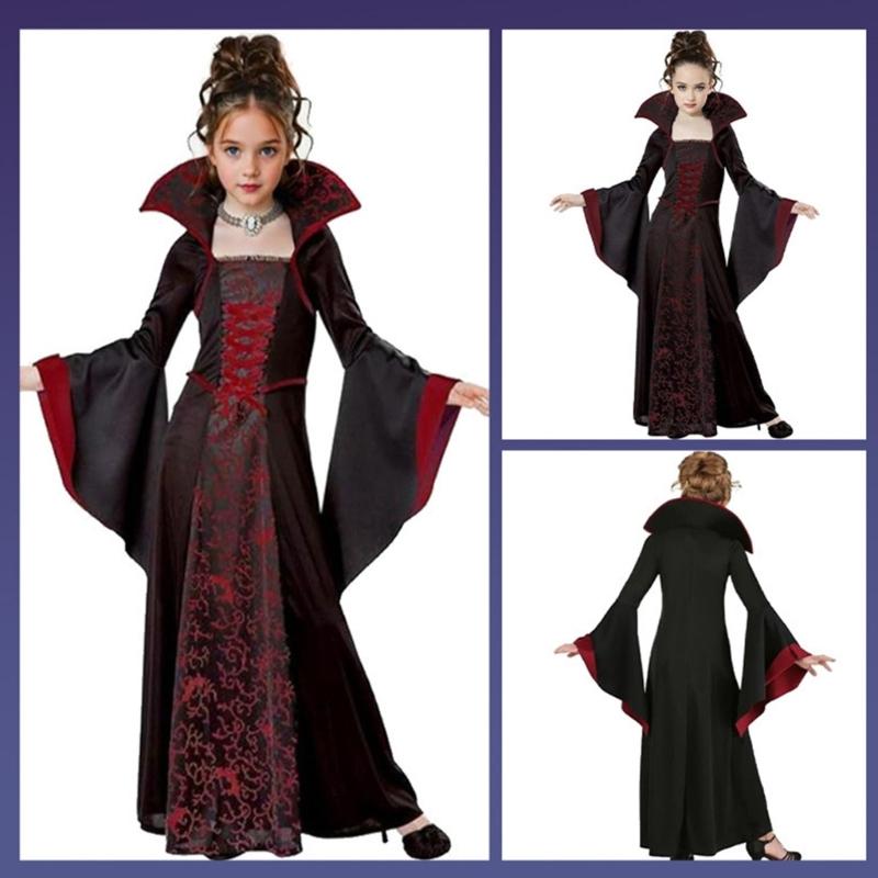 Blumenmuster Kleid mit Stehkragen Kinder Halloween Hexe Kostümkleid Für Mädchen Halloween Geburtstag Rollenspiel