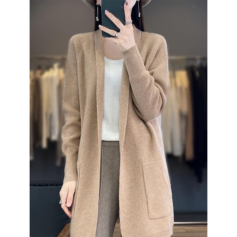Women's Mid-Length Pure Wool Cardigan Coat - Autumn/Winter Casual Loose Fit with Lapel and Pockets